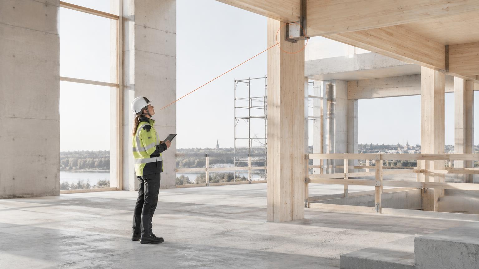 Arbetsledare i en modern byggnad där kundsammanhanget följer projektet