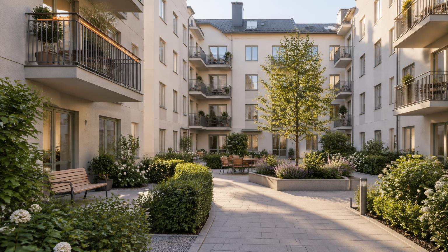Innergård i ett svenskt bostadsområde i morgonljus